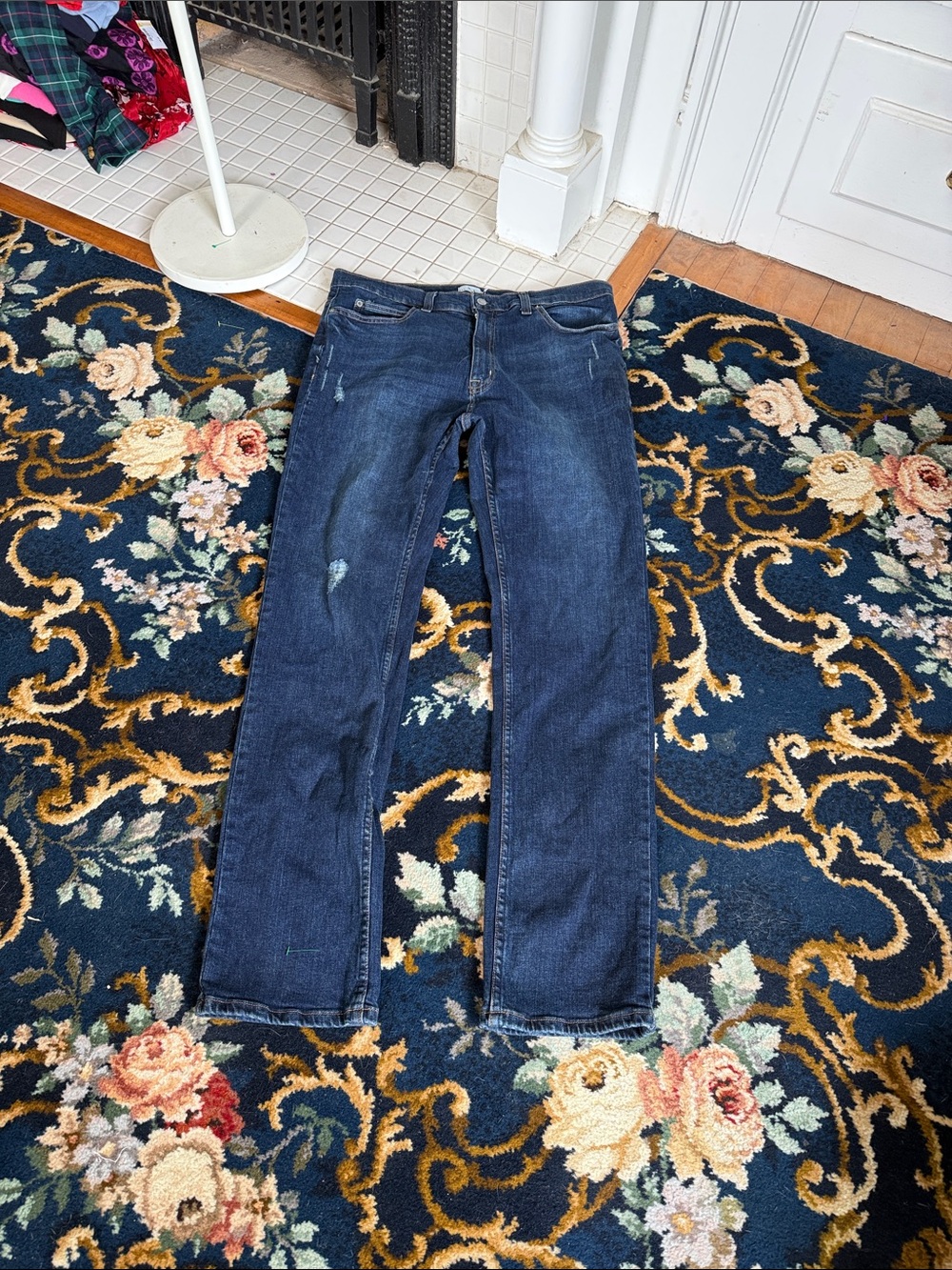True Craft Men’s Slim fit  Dark Blue Distressed Straight Jeans- worn about twice